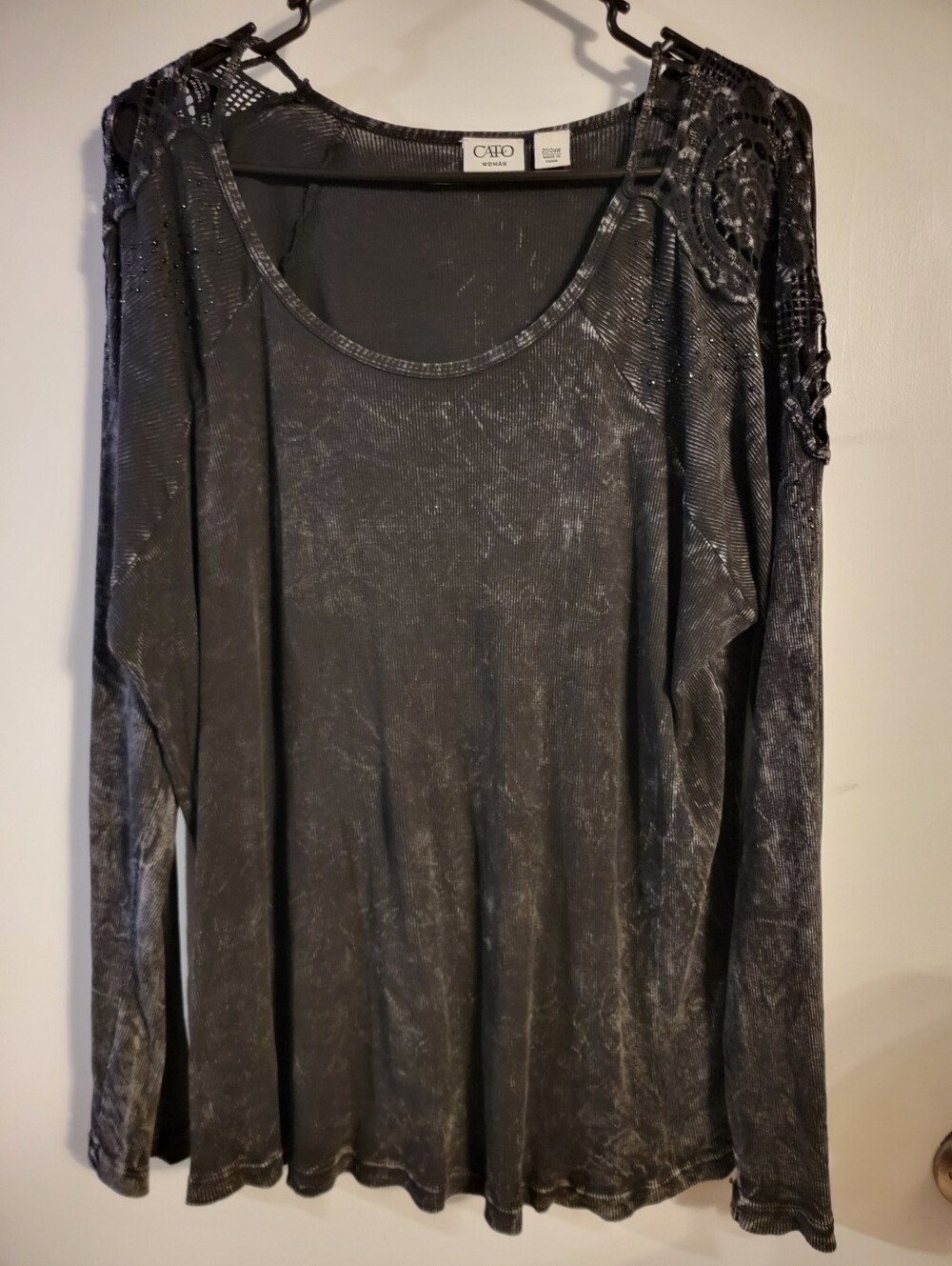 Cato Washed Black Long-Sleeve Top with Crochet Shoulder